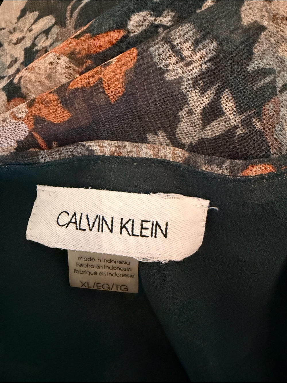 Calvin Klein Chiffon Floral Pleated V-Neck Blouse Green Orange - Size [XL]. EUC - Picture 2 of 11
